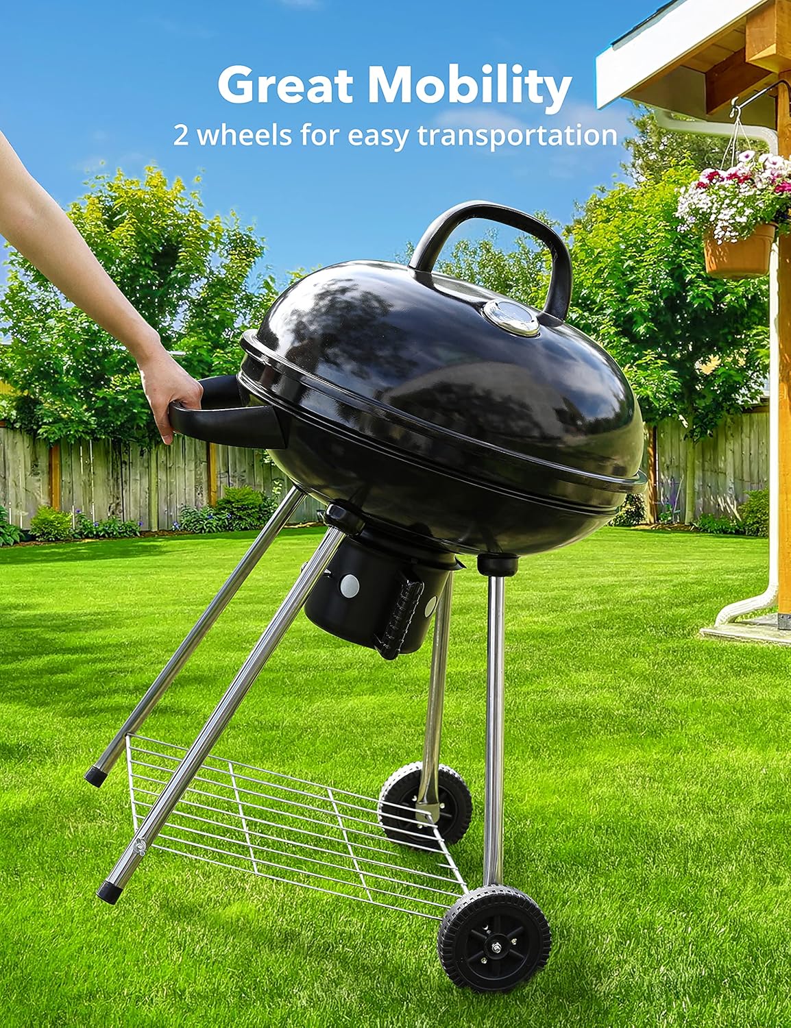 Charcoal BBQ Grill 22-Inch, Kettle Charcoal Grill with Lid Thermometer, Integrated Wheels, Plated Steel Grates, Slid Out Ash Catcher, Integrated Wheels, for Outdoor Cooking, Picnic, Patio, Backyard - Image 6