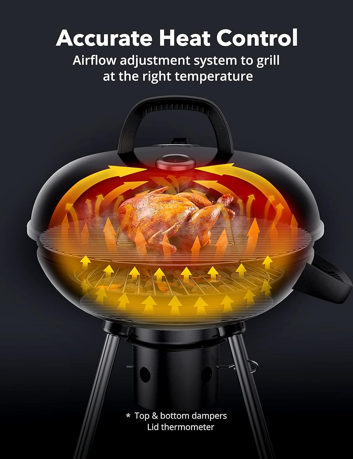 Charcoal BBQ Grill 22-Inch, Kettle Charcoal Grill with Lid Thermometer, Integrated Wheels, Plated Steel Grates, Slid Out Ash Catcher, Integrated Wheels, for Outdoor Cooking, Picnic, Patio, Backyard - Image 3