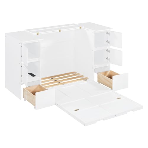 Twin Size Murphy Beds with Charging Station and Storage Drawers, Wood Cabinet Bed Frame, Wall Bed with Outlet & USB Ports for Home Office Studio, White - Image 13