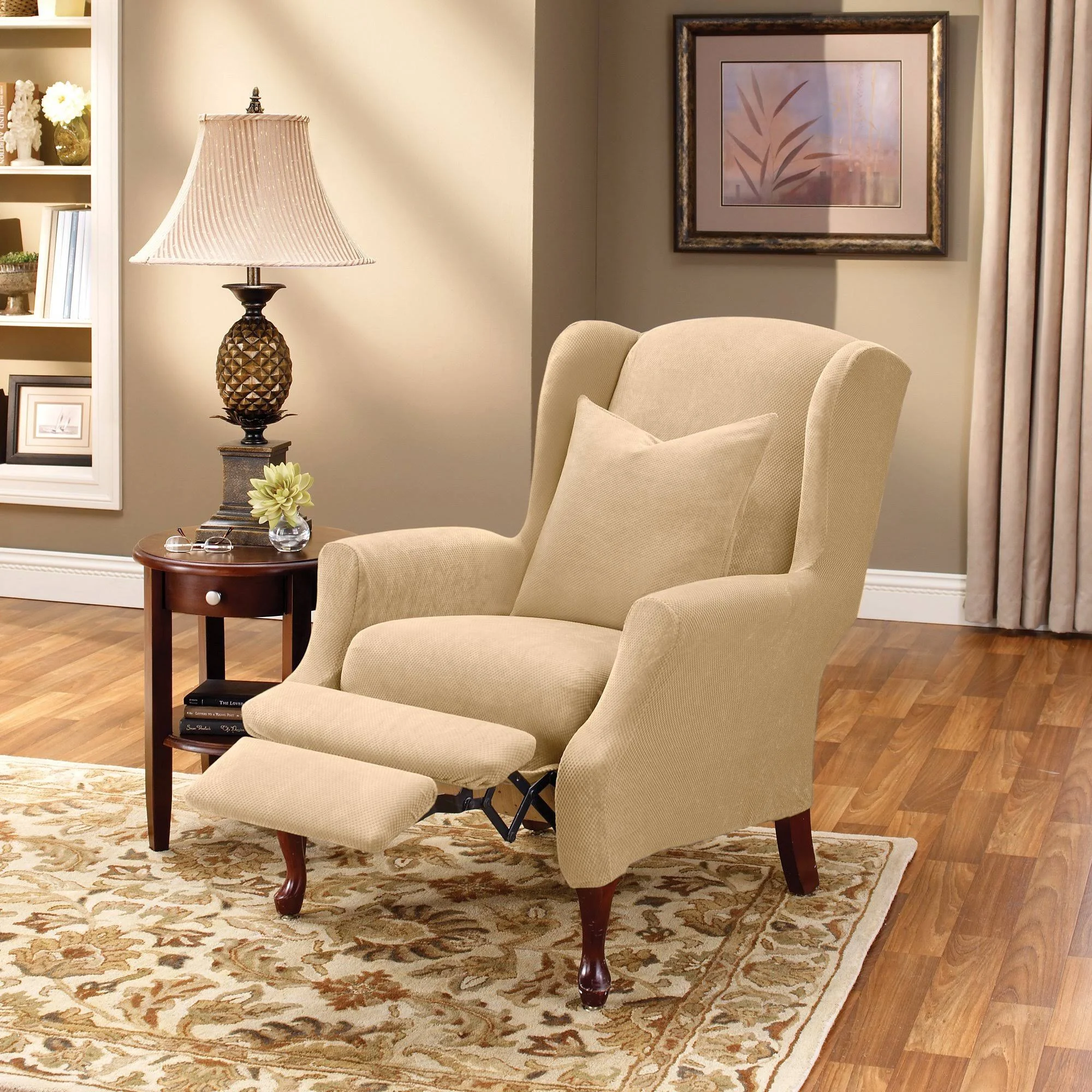 Sure Fit Stretch Pique Wing Chair Recliner Slipcover, Cream - Image 4