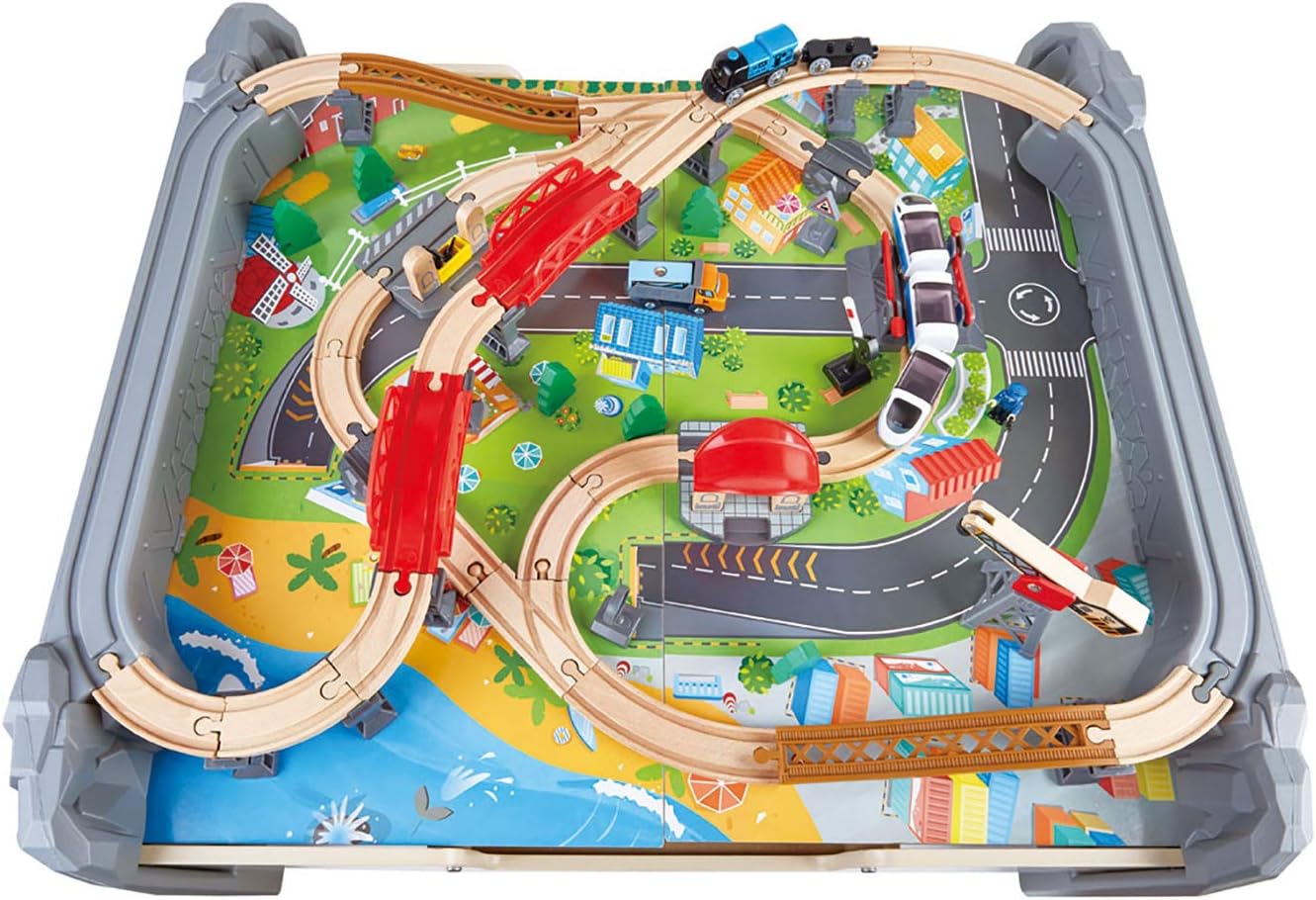 Hape E3766 70 Piece Railway Train Table and Set Toy with Battery Powered Locomotive with Removable Playmat Surface and Storage for Kids 3 Years and Up - Image 2