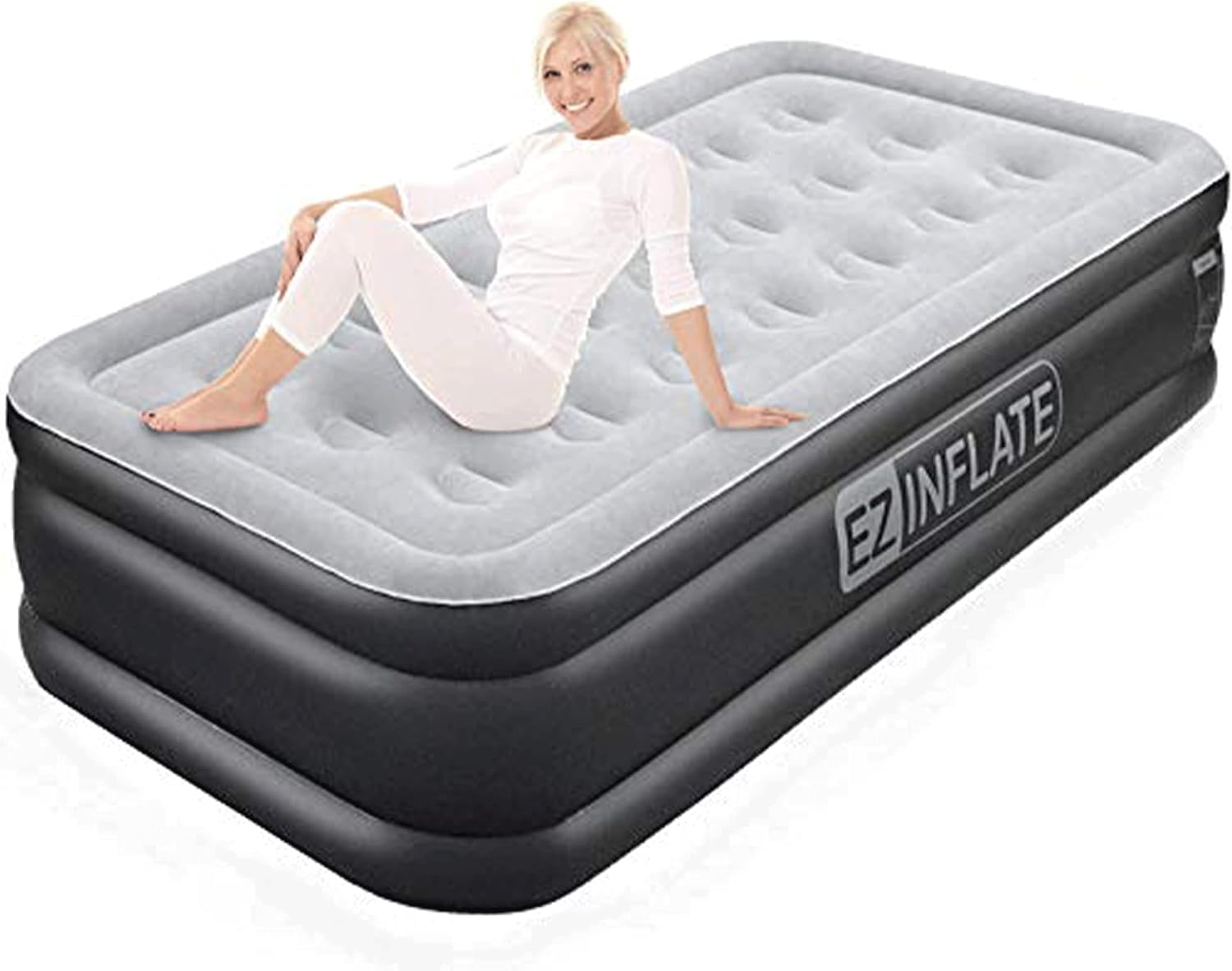 EZ Inflate Air Mattress with Built in Pump – Twin Size Double-High Inflatable Mattress with Flocked Top – Easy Inflate, Waterproof, Portable Blow Up Bed for Camping & Travel