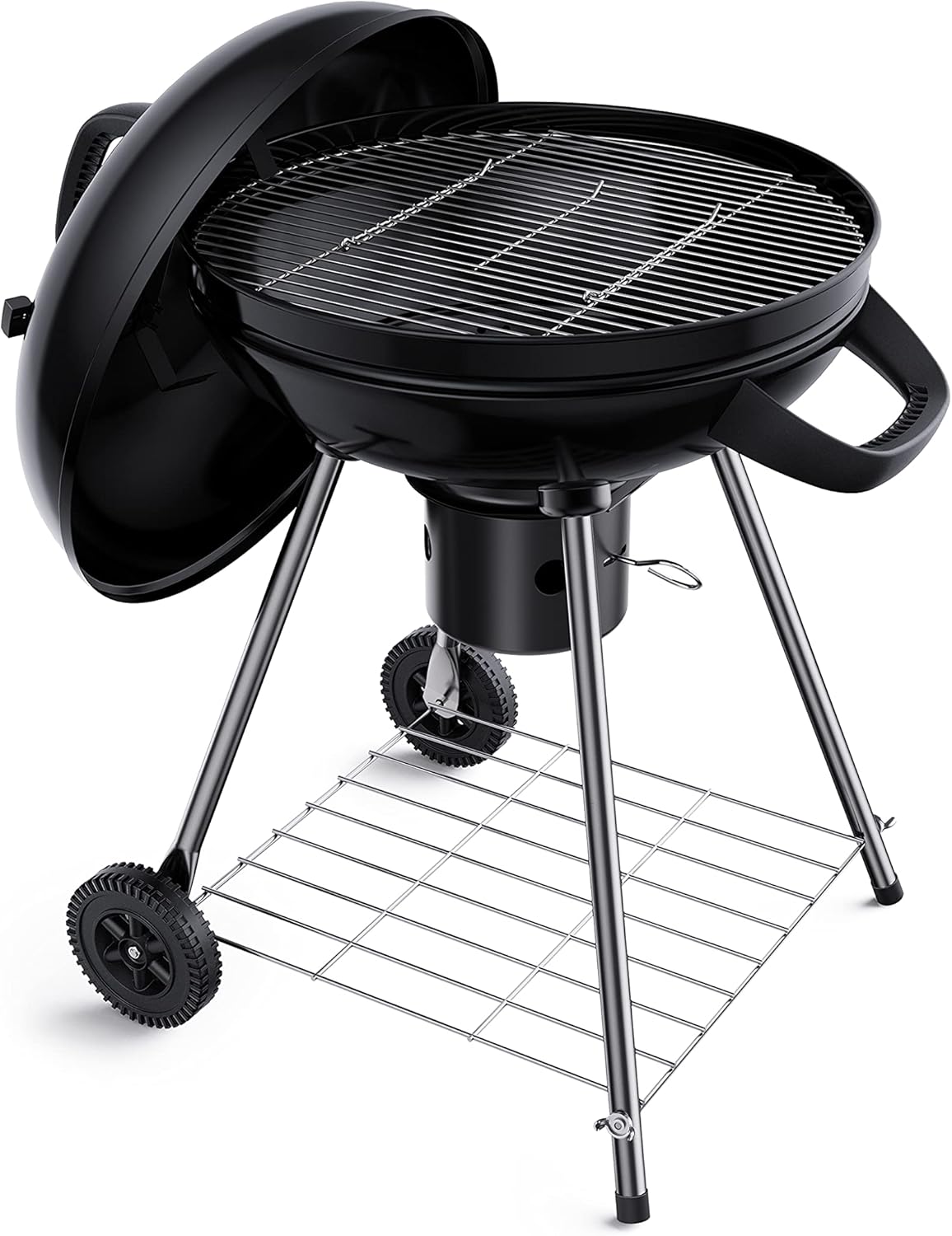 Charcoal BBQ Grill 22-Inch, Kettle Charcoal Grill with Lid Thermometer, Integrated Wheels, Plated Steel Grates, Slid Out Ash Catcher, Integrated Wheels, for Outdoor Cooking, Picnic, Patio, Backyard