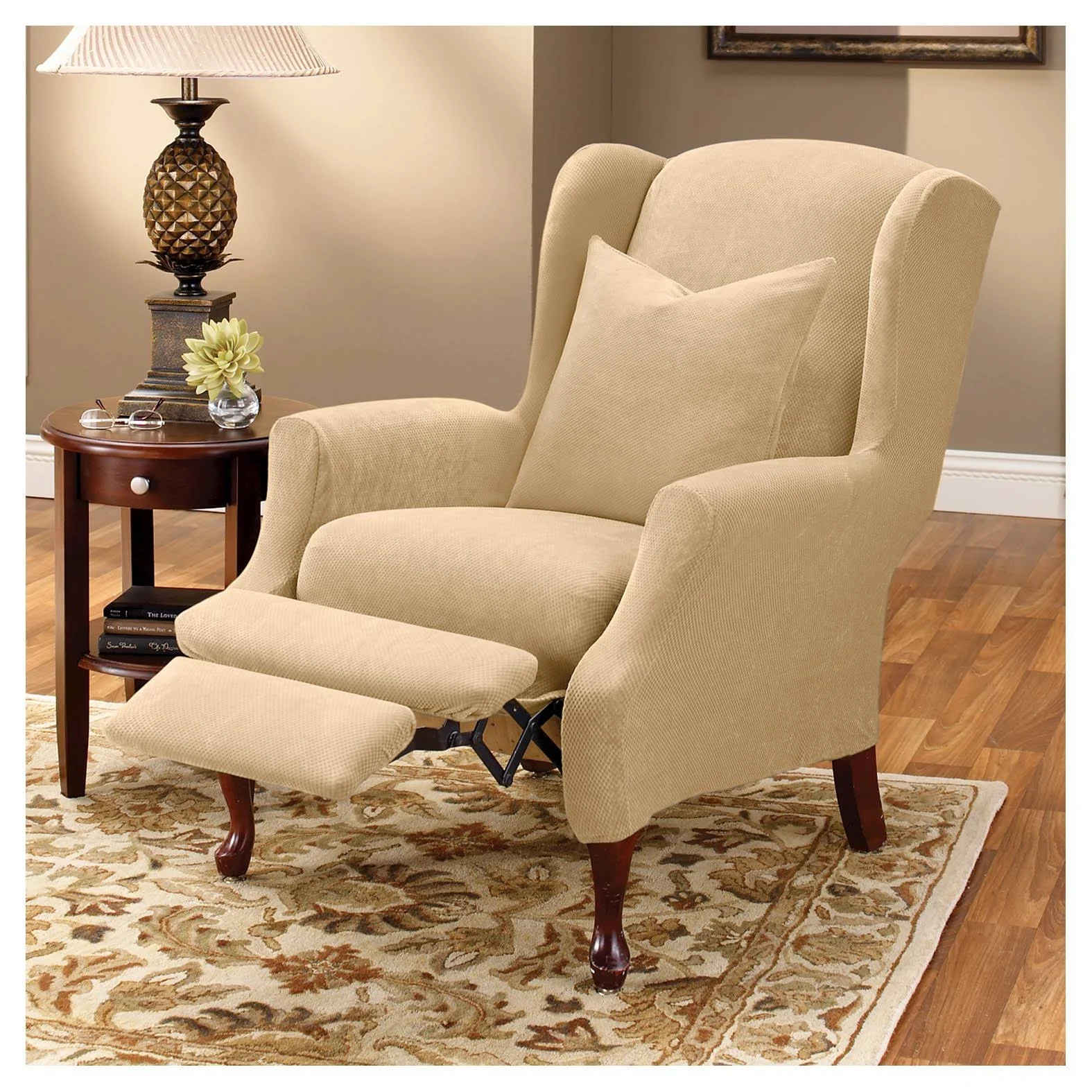 Sure Fit Stretch Pique Wing Chair Recliner Slipcover, Cream - Image 2